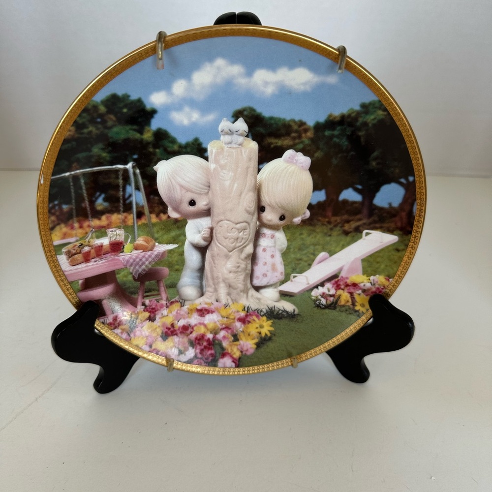 Precious Moments Pink and Light Blue Picnic Plate with Gold Rim